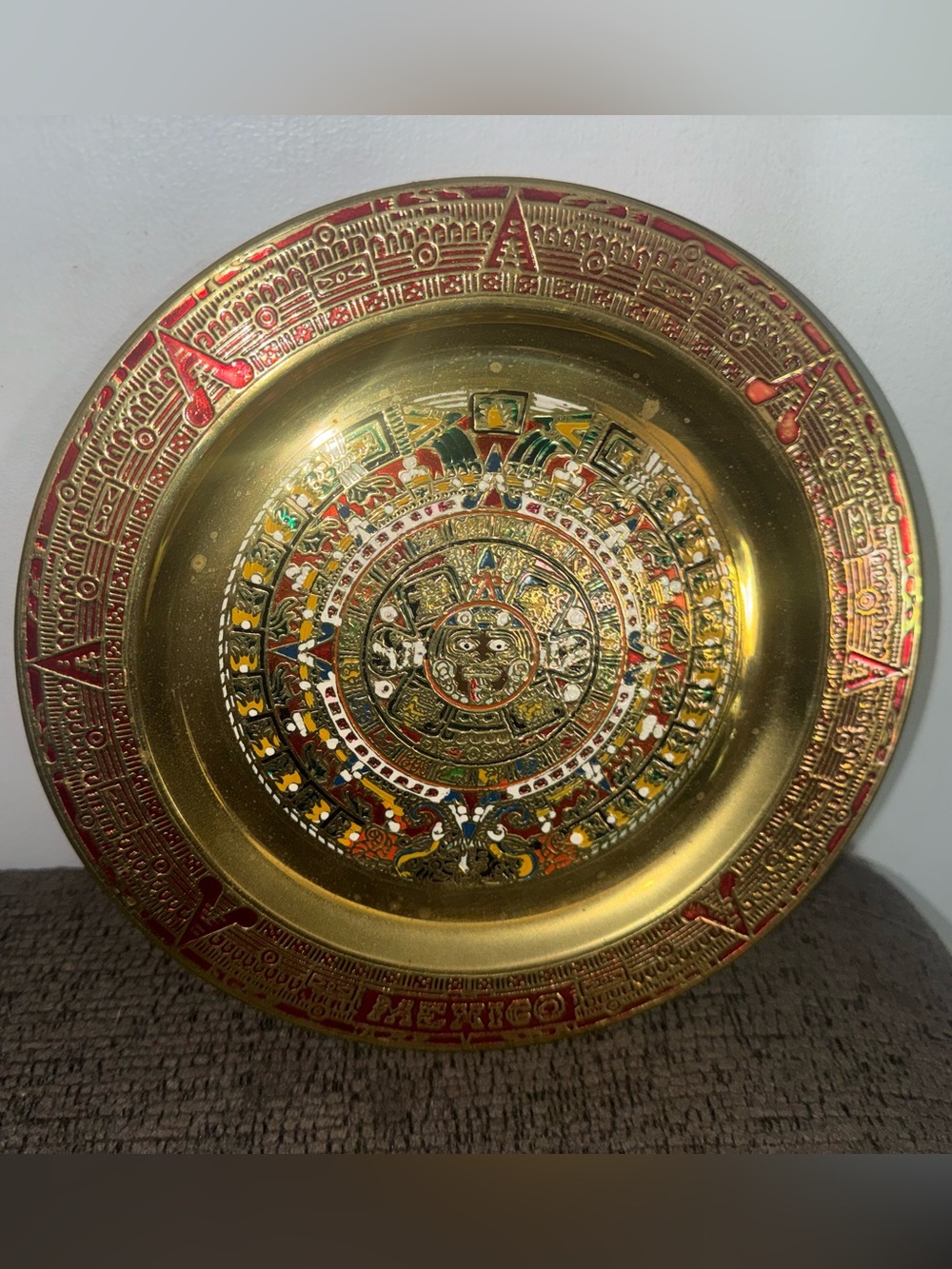Decorative Brass Aztec Calendar Wall Plate - Gold & Red